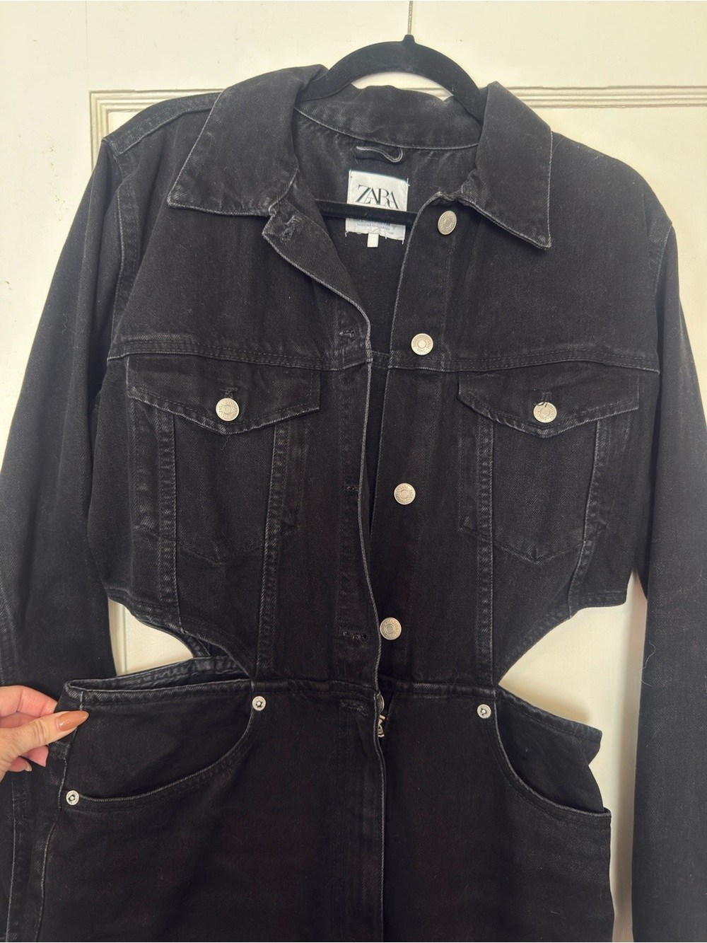 Zara Black Denim Jumpsuit with Chest Pockets